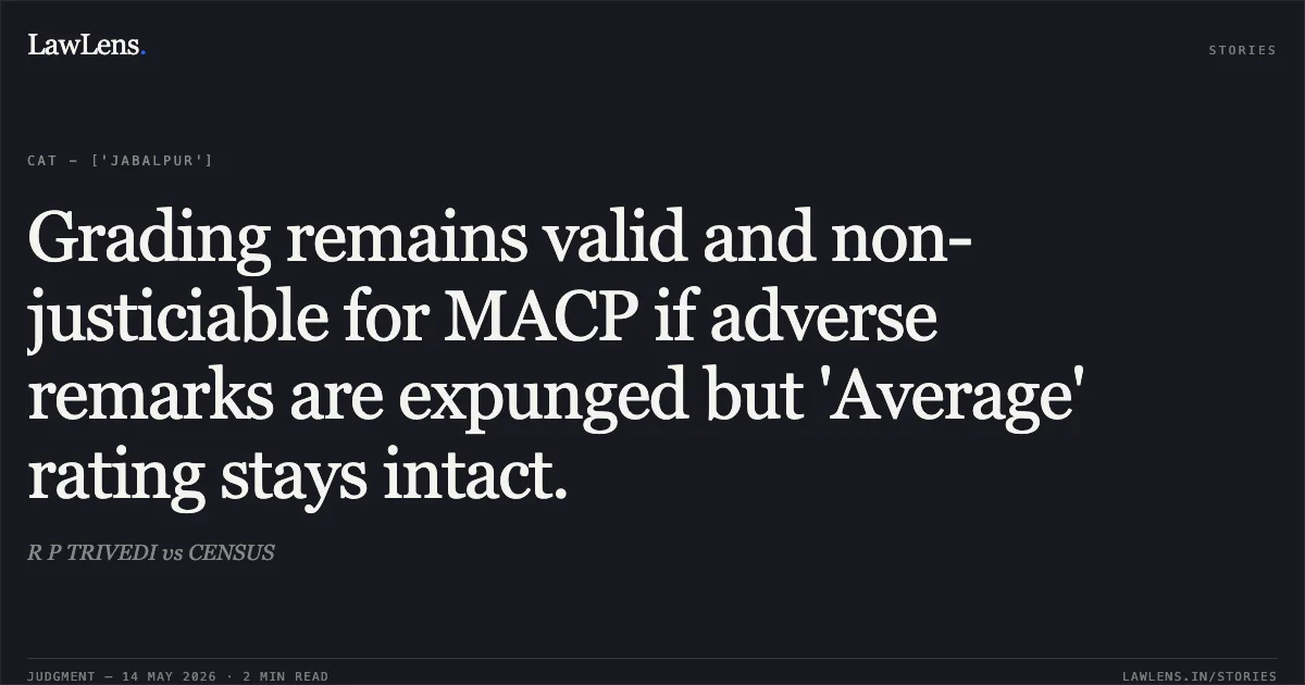 Grading remains valid and non-justiciable for MACP if adverse remarks are expunged but 'Average' rating stays intact.. R P TRIVEDI vs CENSUS. Central Administrative Tribunal. LawLens
