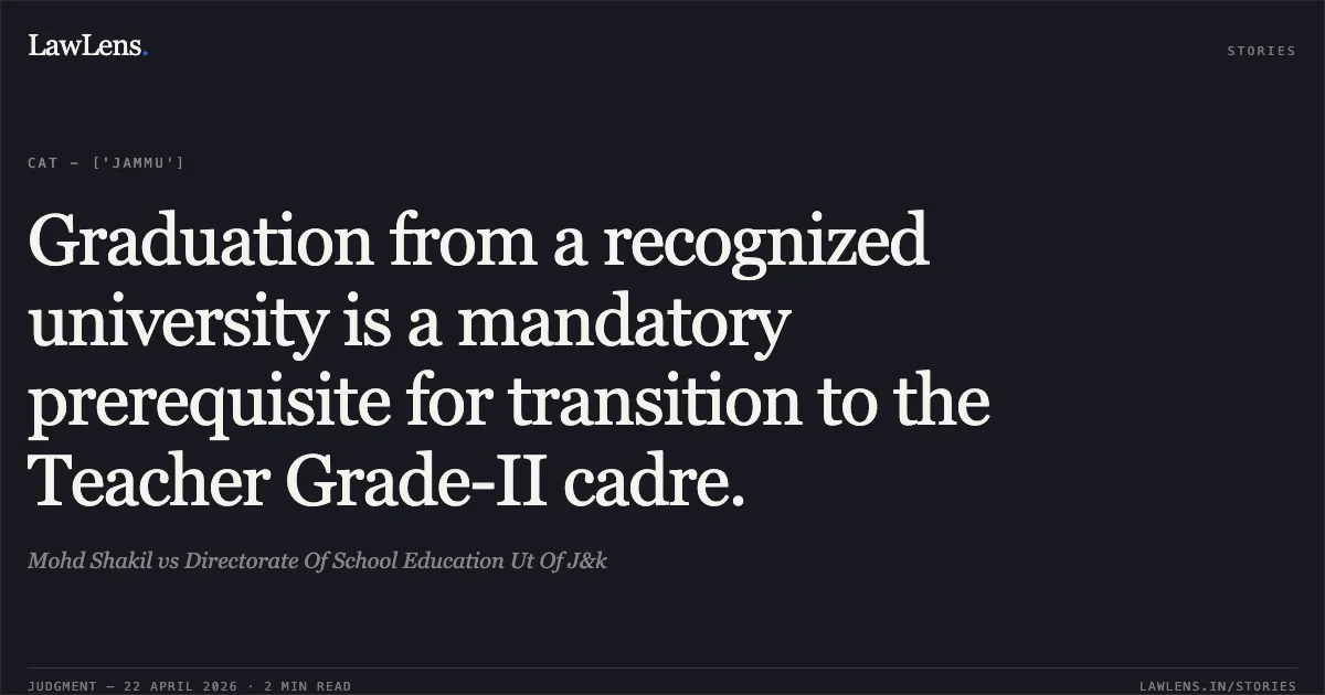 Graduation from a recognized university is a mandatory prerequisite for transition to the Teacher Grade-II cadre.. Mohd Shakil vs Directorate Of School Education Ut Of J&k. Central Administrative Tribunal. LawLens