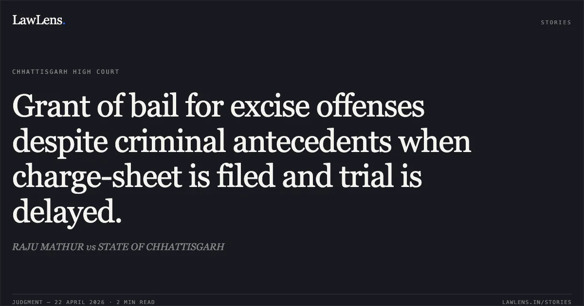 Grant of bail for excise offenses despite criminal antecedents when charge-sheet is filed and trial is delayed.. RAJU MATHUR vs STATE OF CHHATTISGARH. Chhattisgarh High Court. LawLens