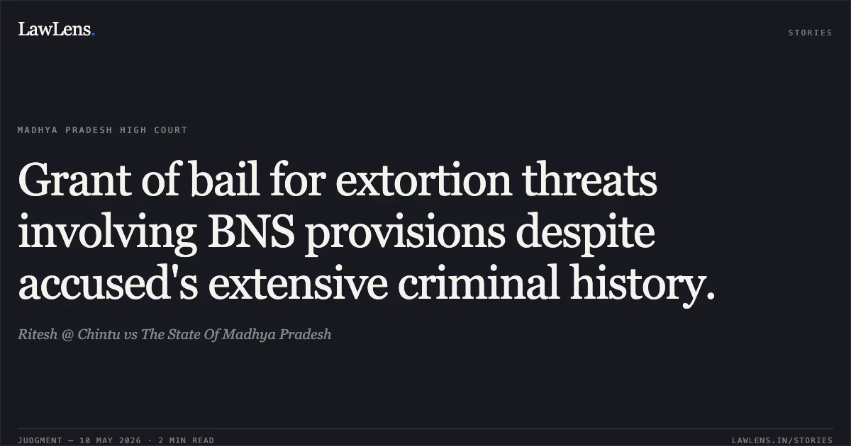 Grant of bail for extortion threats involving BNS provisions despite accused's extensive criminal history.. Ritesh @ Chintu vs The State Of Madhya Pradesh. Madhya Pradesh High Court. LawLens