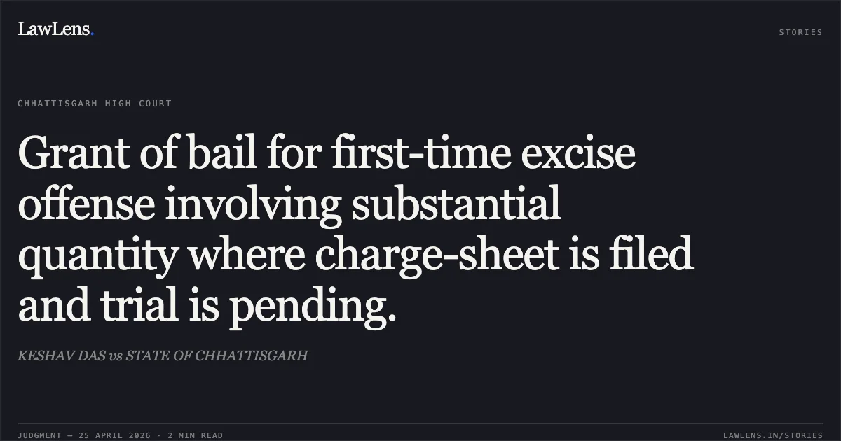Grant of bail for first-time excise offense involving substantial quantity where charge-sheet is filed and trial is pending.. KESHAV DAS vs STATE OF CHHATTISGARH. Chhattisgarh High Court. LawLens