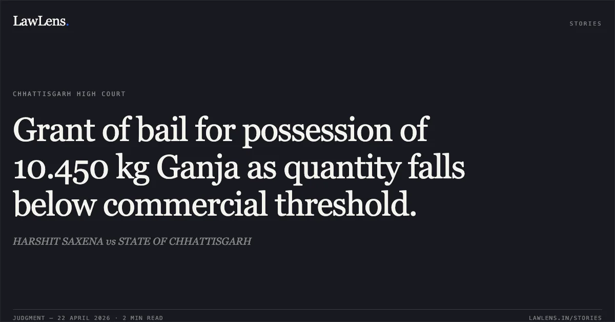 Grant of bail for possession of 10.450 kg Ganja as quantity falls below commercial threshold.. HARSHIT SAXENA vs STATE OF CHHATTISGARH. Chhattisgarh High Court. LawLens
