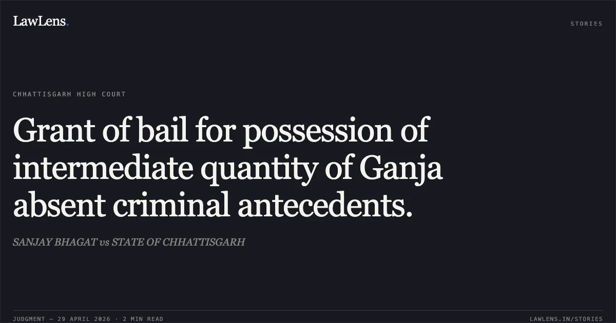 Grant of bail for possession of intermediate quantity of Ganja absent criminal antecedents.. SANJAY BHAGAT vs STATE OF CHHATTISGARH. Chhattisgarh High Court. LawLens