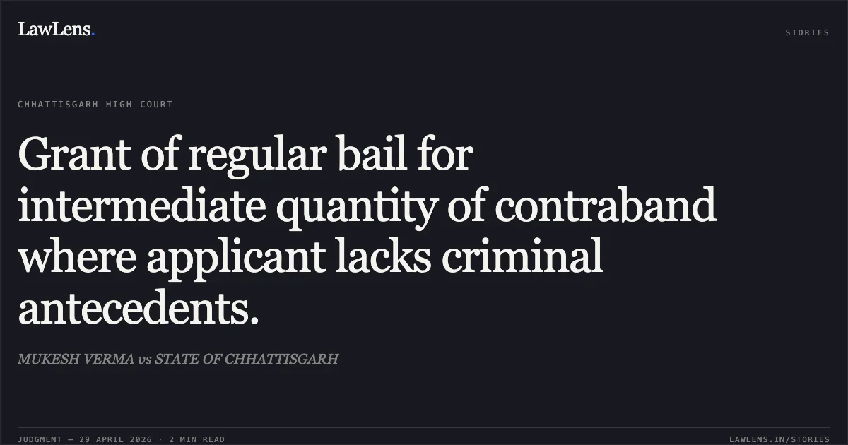 Grant of regular bail for intermediate quantity of contraband where applicant lacks criminal antecedents.. MUKESH VERMA vs STATE OF CHHATTISGARH. Chhattisgarh High Court. LawLens