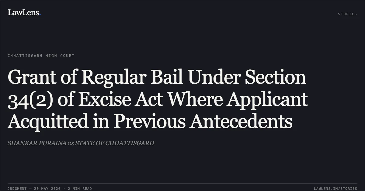 Grant of Regular Bail Under Section 34(2) of Excise Act Where Applicant Acquitted in Previous Antecedents. SHANKAR PURAINA vs STATE OF CHHATTISGARH. Chhattisgarh High Court. LawLens