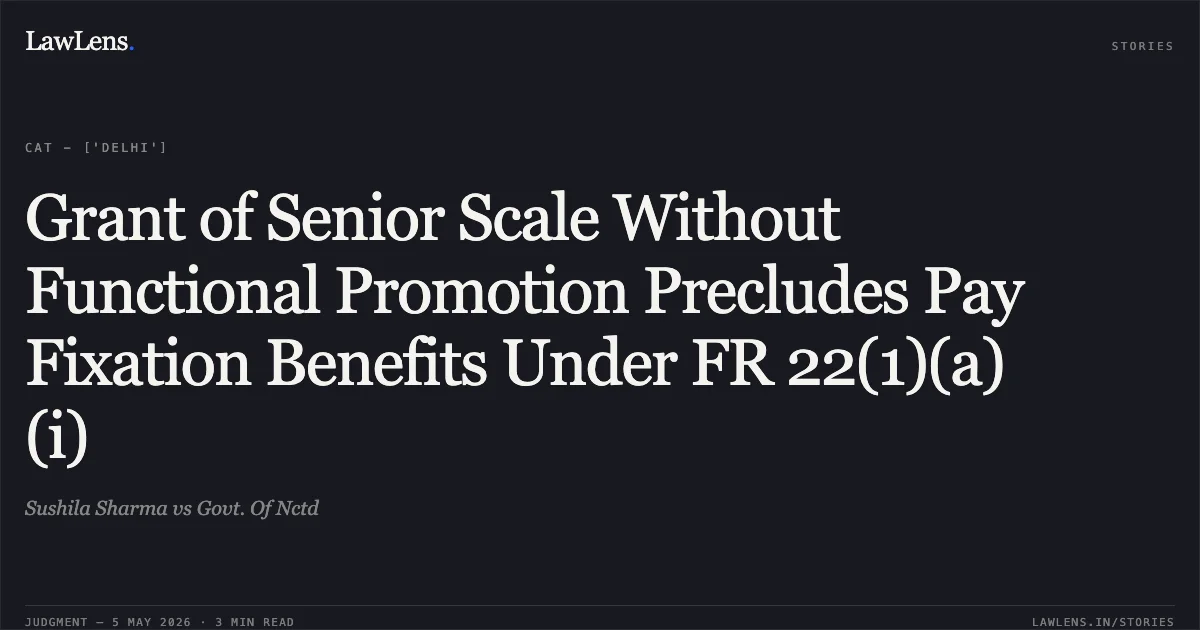 Grant of Senior Scale Without Functional Promotion Precludes Pay Fixation Benefits Under FR 22(1)(a)(i). Sushila Sharma vs Govt. Of Nctd. Central Administrative Tribunal. LawLens