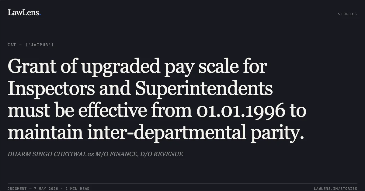 Grant of upgraded pay scale for Inspectors and Superintendents must be effective from 01.01.1996 to maintain inter-departmental parity.. DHARM SINGH CHETIWAL vs M/O FINANCE, D/O REVENUE. Central Administrative Tribunal. LawLens