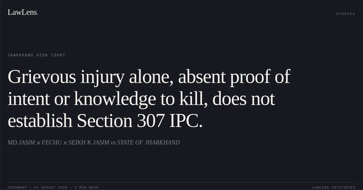Grievous injury alone, absent proof of intent or knowledge to kill, does not establish Section 307 IPC.. MD.JASIM FECHU SEIKH K.JASIM vs STATE OF JHARKHAND. Jharkhand High Court. LawLens