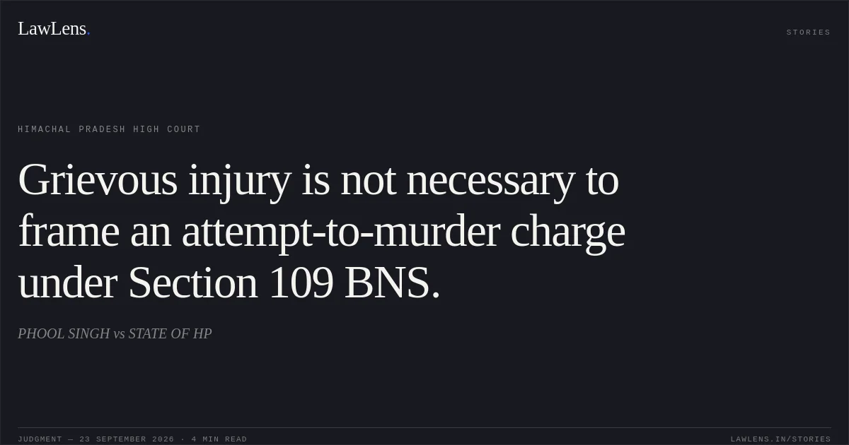 Grievous injury is not necessary to frame an attempt-to-murder charge under Section 109 BNS.. PHOOL SINGH vs STATE OF HP. Himachal Pradesh High Court. LawLens