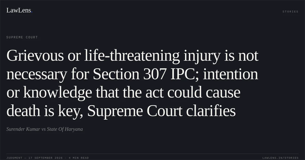 Grievous or life-threatening injury is not necessary for Section 307 IPC; intention or knowledge that the act could cause death is key, Supreme Court clarifies. Surender Kumar vs State Of Haryana. Supreme Court. LawLens