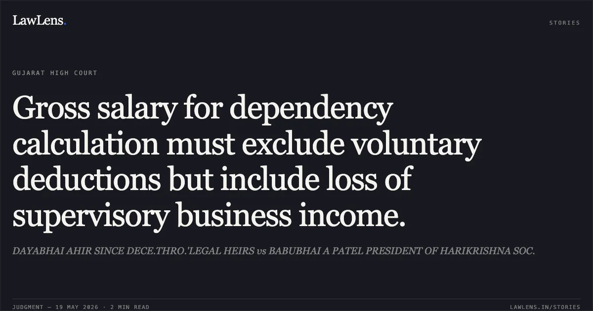 Gross salary for dependency calculation must exclude voluntary deductions but include loss of supervisory business income.. DAYABHAI AHIR SINCE DECE.THRO.'LEGAL HEIRS vs BABUBHAI A PATEL PRESIDENT OF HARIKRISHNA SOC.. Gujarat High Court. LawLens
