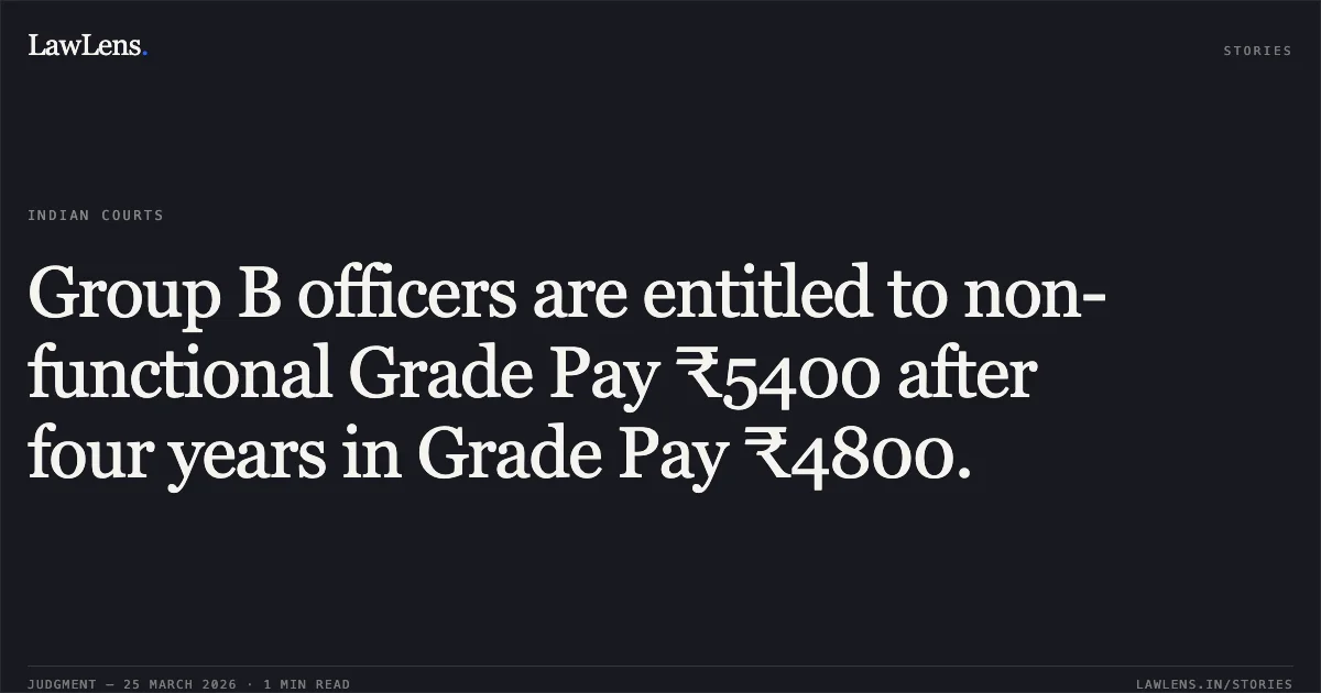 Group B officers are entitled to non-functional Grade Pay ₹5400 after four years in Grade Pay ₹4800.. Laxmidhar Parida vs DEPARTMENT OF POSTS. Central Administrative Tribunal. LawLens