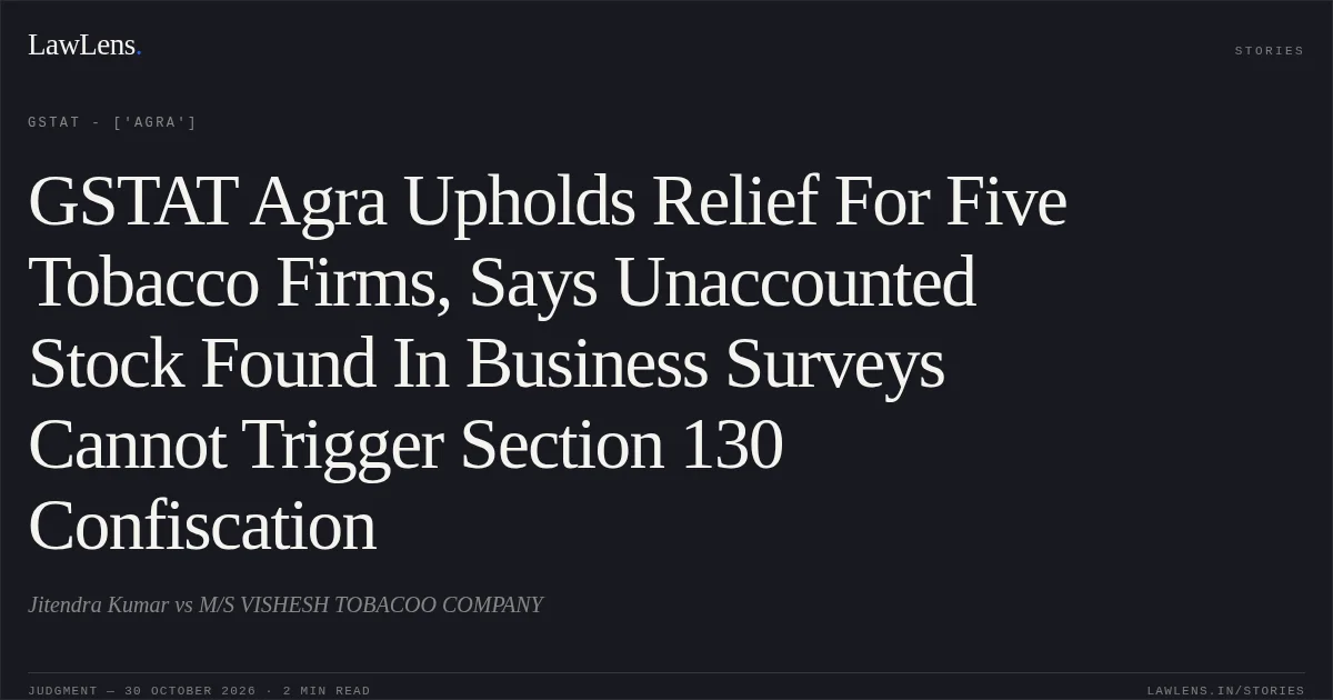 GSTAT Agra Upholds Relief For Five Tobacco Firms, Says Unaccounted Stock Found In Business Surveys Cannot Trigger Section 130 Confiscation. Jitendra Kumar vs M/S VISHESH TOBACOO COMPANY. GSTAT - ['Agra']. LawLens