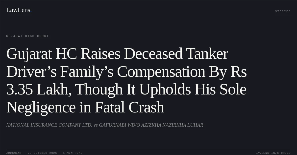 Gujarat HC Raises Deceased Tanker Driver’s Family’s Compensation By Rs 3.35 Lakh, Though It Upholds His Sole Negligence in Fatal Crash. NATIONAL INSURANCE COMPANY LTD. vs GAFURNABI WD/O AZIZKHA NAZIRKHA LUHAR. Gujarat High Court. LawLens