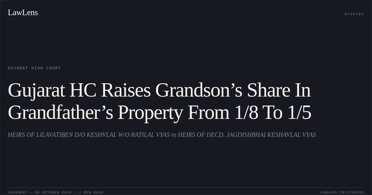 Gujarat HC Raises Grandson’s Share In Grandfather’s Property From 1/8 To 1/5. HEIRS OF LILAVATIBEN D/O KESHVLAL W/O RATILAL VYAS vs HEIRS OF DECD. JAGDISHBHAI KESHAVLAL VYAS. Gujarat High Court. LawLens