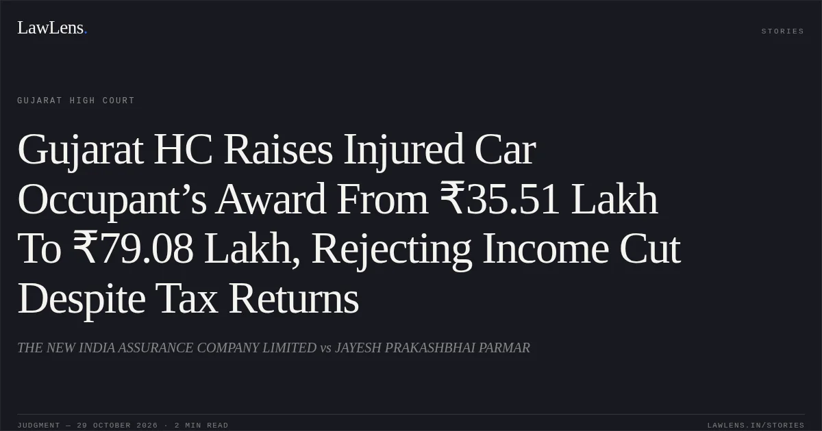 Gujarat HC Raises Injured Car Occupant’s Award From ₹35.51 Lakh To ₹79.08 Lakh, Rejecting Income Cut Despite Tax Returns. THE NEW INDIA ASSURANCE COMPANY LIMITED vs JAYESH PRAKASHBHAI PARMAR. Gujarat High Court. LawLens