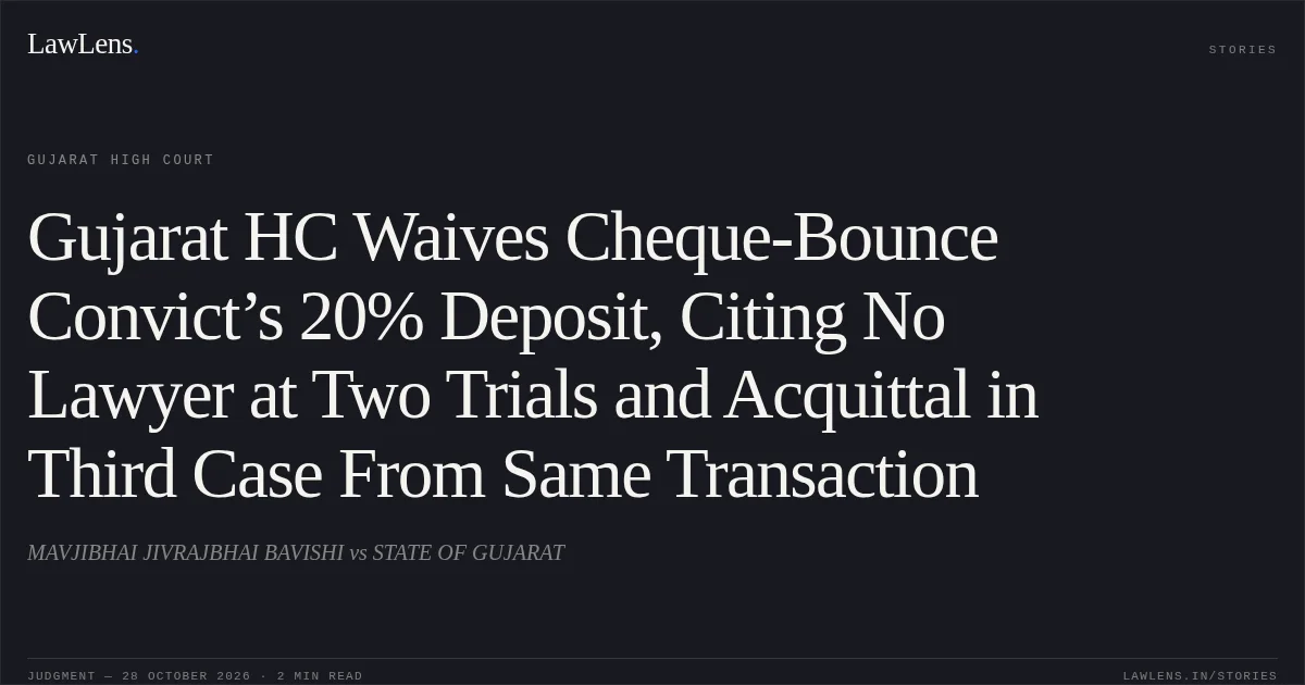 Gujarat HC Waives Cheque-Bounce Convict’s 20% Deposit, Citing No Lawyer at Two Trials and Acquittal in Third Case From Same Transaction. MAVJIBHAI JIVRAJBHAI BAVISHI vs STATE OF GUJARAT. Gujarat High Court. LawLens