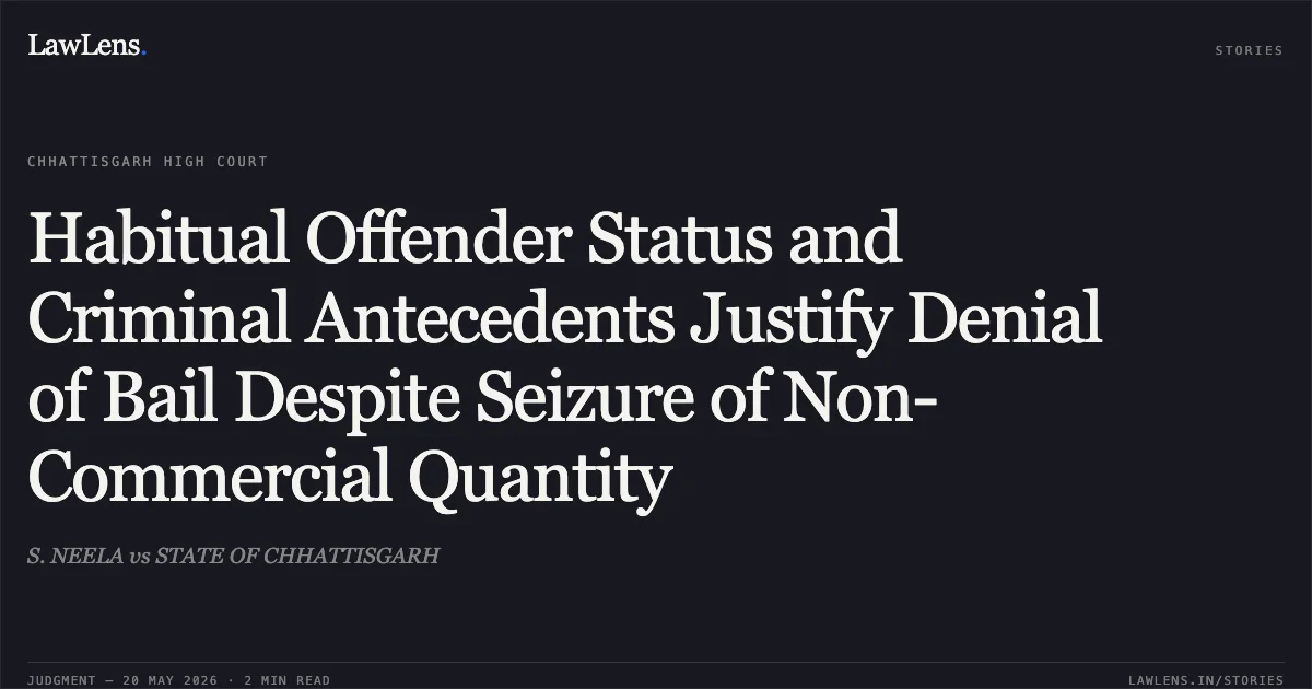Habitual Offender Status and Criminal Antecedents Justify Denial of Bail Despite Seizure of Non-Commercial Quantity. S. NEELA vs STATE OF CHHATTISGARH. Chhattisgarh High Court. LawLens