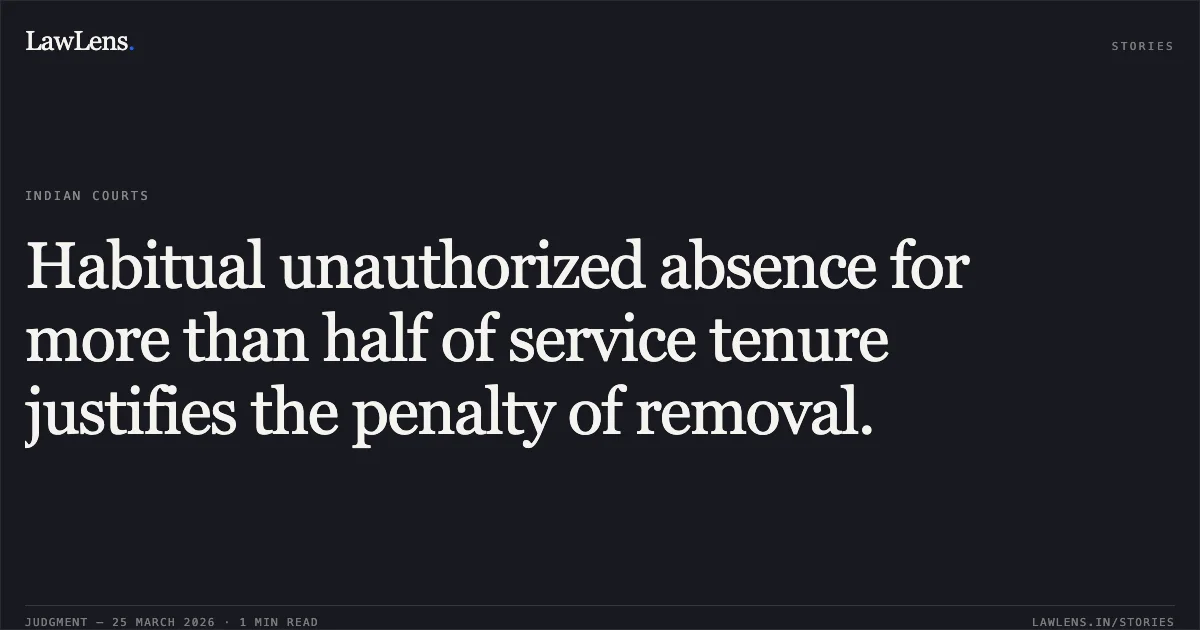 Habitual unauthorized absence for more than half of service tenure justifies the penalty of removal.. Haider Kathat vs M/o Railways. Central Administrative Tribunal. LawLens