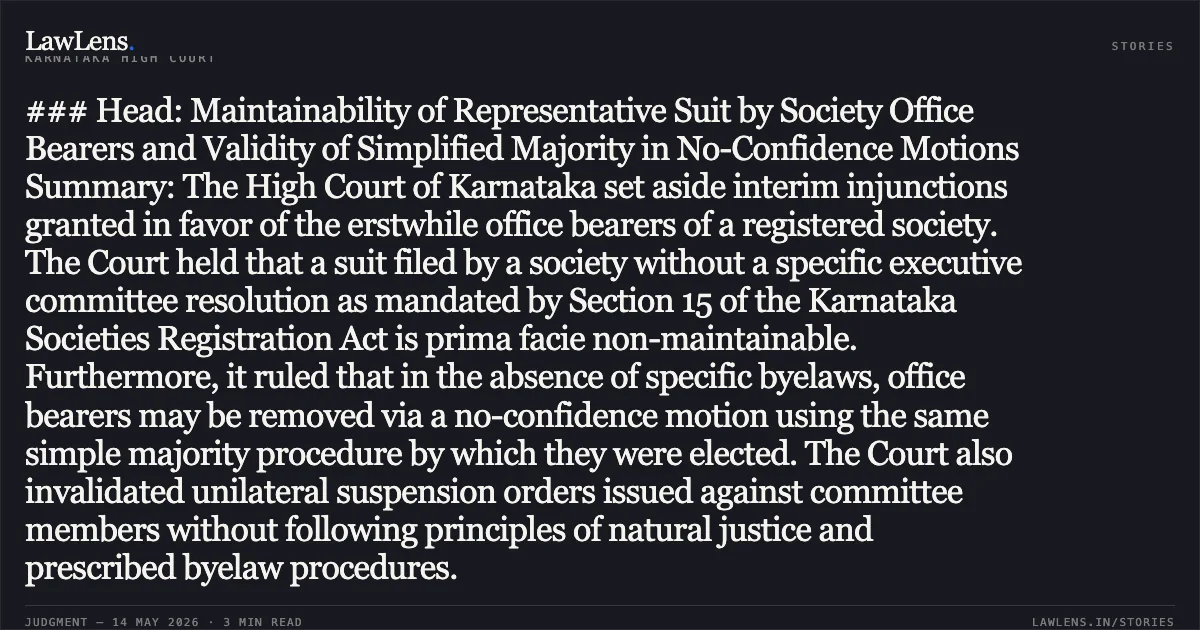 ### Head: Maintainability of Representative Suit by Society Office Bearers and Validity of Simplified Majority in No-Confidence Motions Summary: The High Court of Karnataka set aside interim injunctions granted in favor of the erstwhile office bearers of a registered society. The Court held that a suit filed by a society without a specific executive committee resolution as mandated by Section 15 of the Karnataka Societies Registration Act is prima facie non-maintainable. Furthermore, it ruled that in the absence of specific byelaws, office bearers may be removed via a no-confidence motion using the same simple majority procedure by which they were elected. The Court also invalidated unilateral suspension orders issued against committee members without following principles of natural justice and prescribed byelaw procedures.. SRI G T KUMAR vs MALNAD TECHNICAL EDUCATION SOCIETY. Karnataka High Court. LawLens