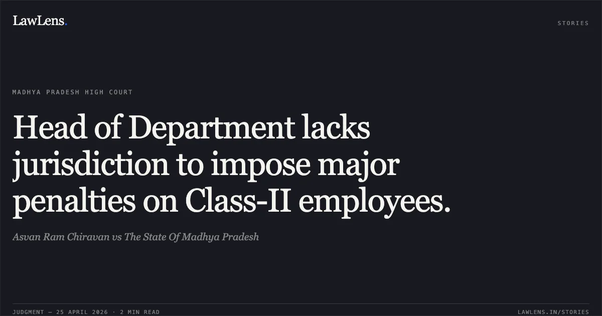 Head of Department lacks jurisdiction to impose major penalties on Class-II employees.. Asvan Ram Chiravan vs The State Of Madhya Pradesh. Madhya Pradesh High Court. LawLens