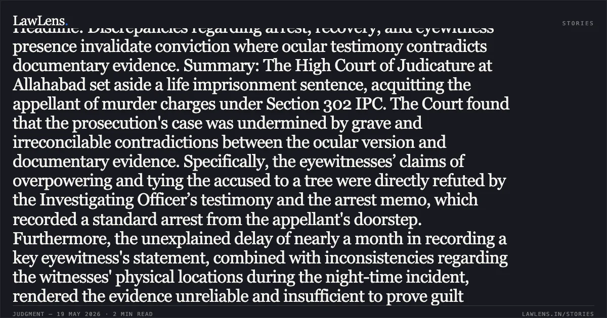Headline: Discrepancies regarding arrest, recovery, and eyewitness presence invalidate conviction where ocular testimony contradicts documentary evidence. Summary: The High Court of Judicature at Allahabad set aside a life imprisonment sentence, acquitting the appellant of murder charges under Section 302 IPC. The Court found that the prosecution's case was undermined by grave and irreconcilable contradictions between the ocular version and documentary evidence. Specifically, the eyewitnesses’ claims of overpowering and tying the accused to a tree were directly refuted by the Investigating Officer’s testimony and the arrest memo, which recorded a standard arrest from the appellant's doorstep. Furthermore, the unexplained delay of nearly a month in recording a key eyewitness's statement, combined with inconsistencies regarding the witnesses' physical locations during the night-time incident, rendered the evidence unreliable and insufficient to prove guilt beyond reasonable doubt.. Summilal Ahirwar vs State Of U.P.. Allahabad High Court. LawLens