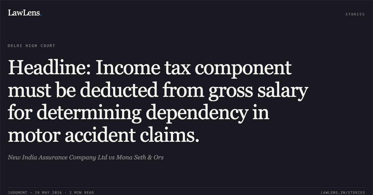 Headline: Income tax component must be deducted from gross salary for determining dependency in motor accident claims.. New India Assurance Company Ltd vs Mona Seth & Ors. Delhi High Court. LawLens