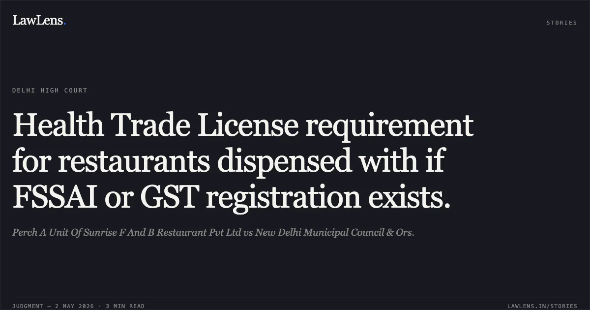 Health Trade License requirement for restaurants dispensed with if FSSAI or GST registration exists.. Perch A Unit Of Sunrise F And B Restaurant Pvt Ltd vs New Delhi Municipal Council & Ors.. Delhi High Court. LawLens