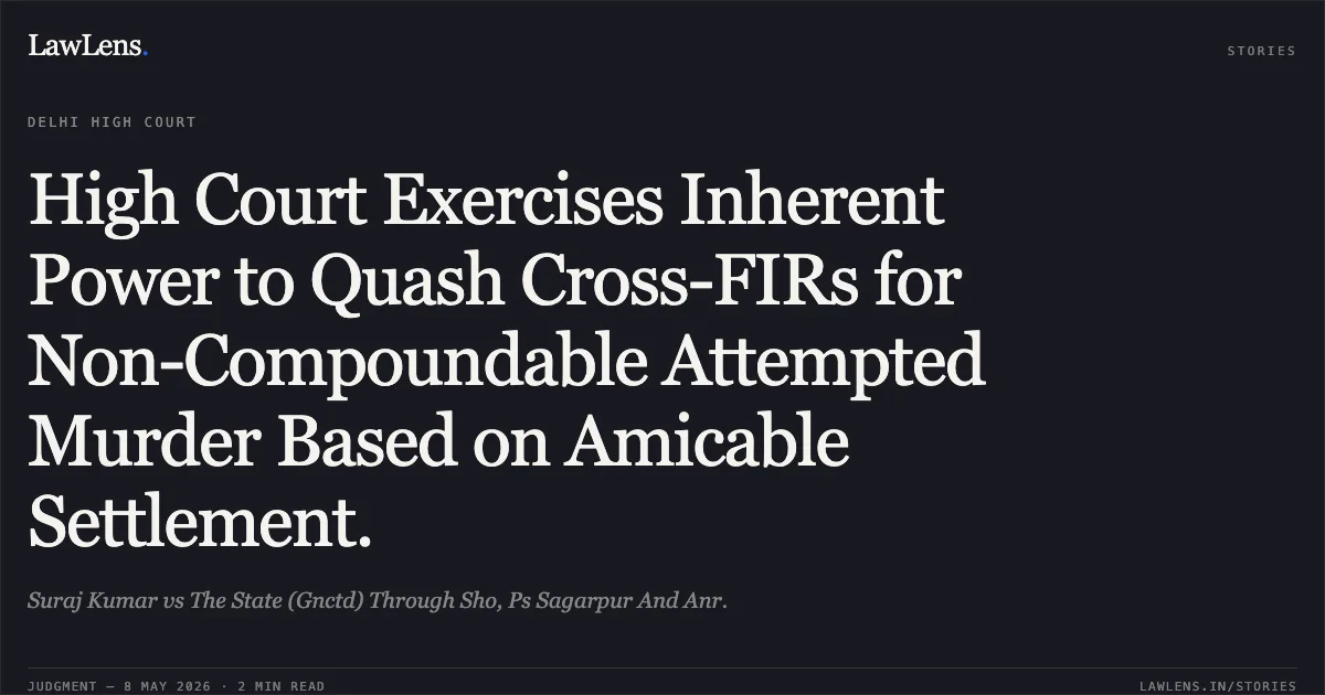 High Court Exercises Inherent Power to Quash Cross-FIRs for Non-Compoundable Attempted Murder Based on Amicable Settlement.. Suraj Kumar vs The State (Gnctd) Through Sho, Ps Sagarpur And Anr.. Delhi High Court. LawLens