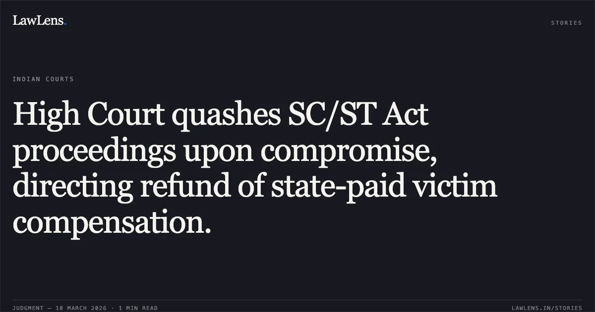 High Court quashes SC/ST Act proceedings upon compromise, directing refund of state-paid victim compensation.. Shyamsundar Meena vs The State Of Madhya Pradesh. Madhya Pradesh High Court. LawLens