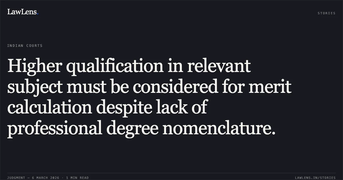 Higher qualification in relevant subject must be considered for merit calculation despite lack of professional degree nomenclature.. Solanki Digvijaysinh Bharatsinh v. State of Gujarat & Ors. [R/Special Civil Application No. 13398 of 2013]. Gujarat High Court. LawLens