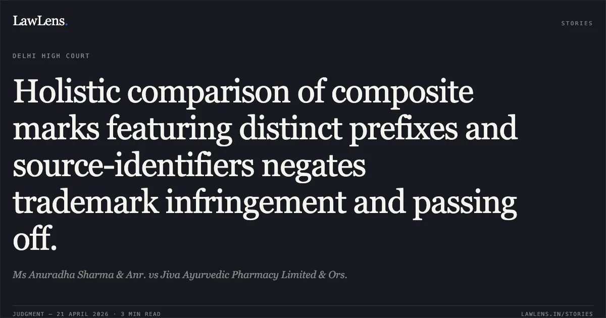 Holistic comparison of composite marks featuring distinct prefixes and source-identifiers negates trademark infringement and passing off.. Ms Anuradha Sharma & Anr. vs Jiva Ayurvedic Pharmacy Limited & Ors.. Delhi High Court. LawLens
