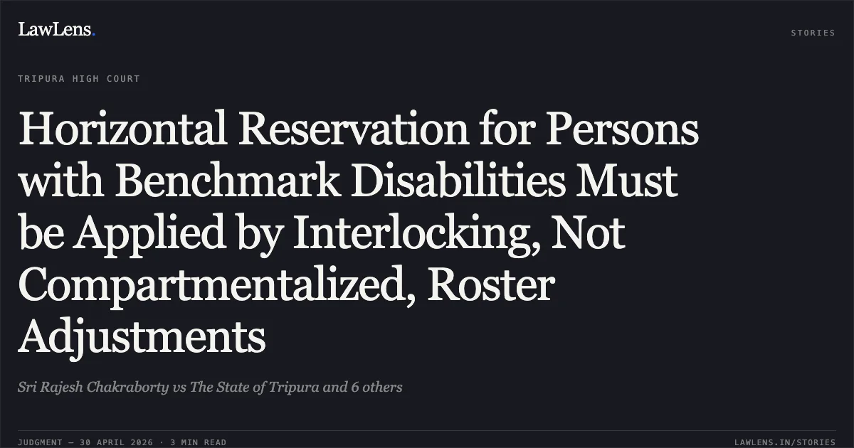 Horizontal Reservation for Persons with Benchmark Disabilities Must be Applied by Interlocking, Not Compartmentalized, Roster Adjustments. Sri Rajesh Chakraborty vs The State of Tripura and 6 others. Tripura High Court. LawLens