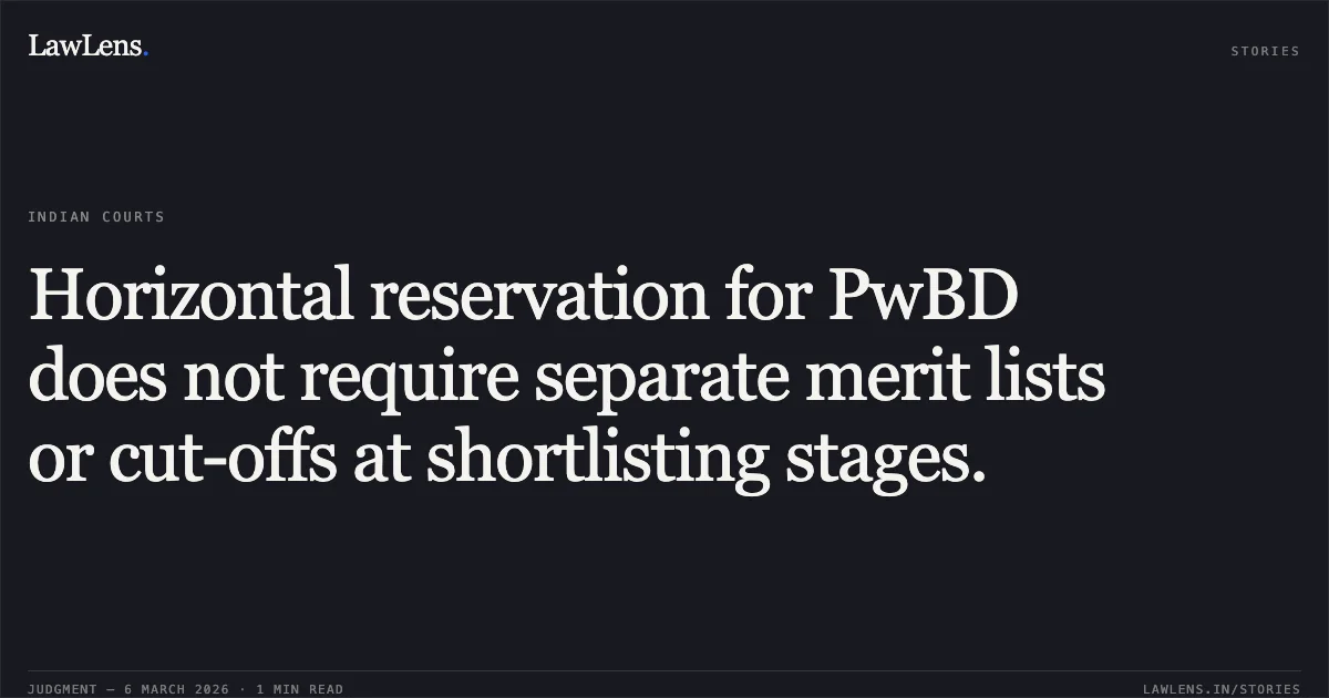 Horizontal reservation for PwBD does not require separate merit lists or cut-offs at shortlisting stages.. Anmol Lohia v. The Rajasthan High Court & Anr. [2026:RJ-JD:9685-DB]. Rajasthan High Court. LawLens