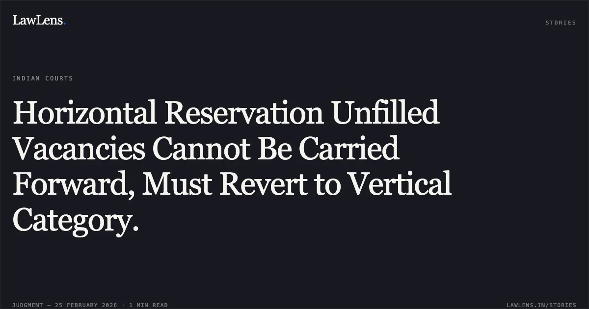 Horizontal Reservation Unfilled Vacancies Cannot Be Carried Forward, Must Revert to Vertical Category.. Naresh Kumar and Connected Matters, O.A. No. 157/2025. Central Administrative Tribunal. LawLens