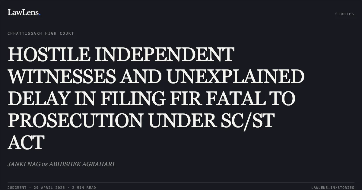 HOSTILE INDEPENDENT WITNESSES AND UNEXPLAINED DELAY IN FILING FIR FATAL TO PROSECUTION UNDER SC/ST ACT. JANKI NAG vs ABHISHEK AGRAHARI. Chhattisgarh High Court. LawLens