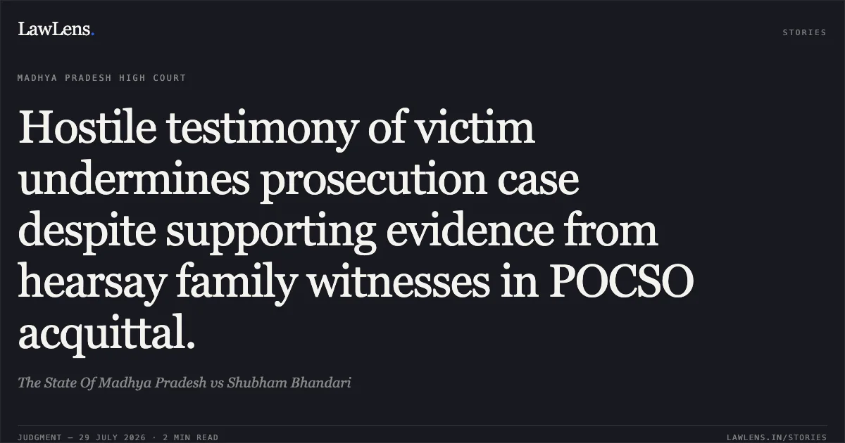 Hostile testimony of victim undermines prosecution case despite supporting evidence from hearsay family witnesses in POCSO acquittal.. The State Of Madhya Pradesh vs Shubham Bhandari. Madhya Pradesh High Court. LawLens