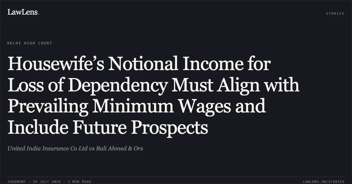 Housewife’s Notional Income for Loss of Dependency Must Align with Prevailing Minimum Wages and Include Future Prospects. United India Insurance Co Ltd vs Bali Ahmed & Ors. Delhi High Court. LawLens
