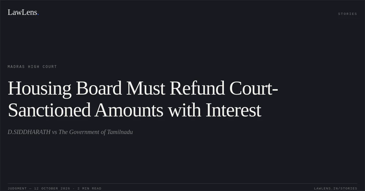 Housing Board Must Refund Court-Sanctioned Amounts with Interest. D.SIDDHARATH vs The Government of Tamilnadu. Madras High Court. LawLens