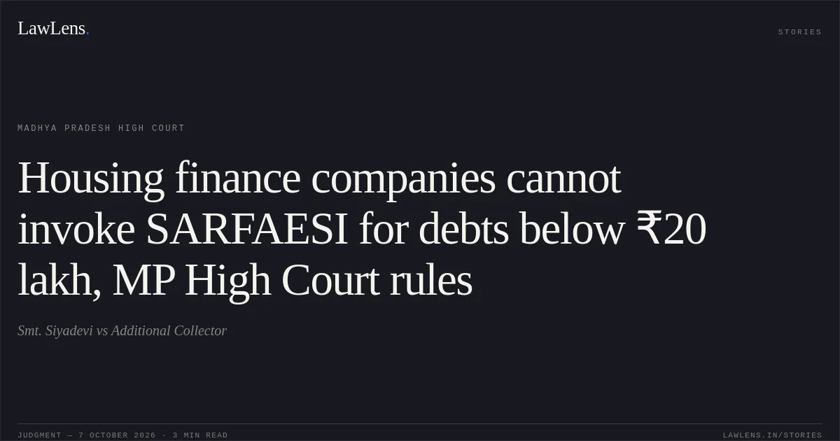 Housing finance companies cannot invoke SARFAESI for debts below ₹20 lakh, MP High Court rules. Smt. Siyadevi vs Additional Collector. Madhya Pradesh High Court. LawLens