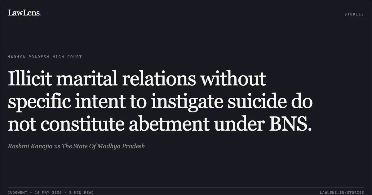 Illicit marital relations without specific intent to instigate suicide do not constitute abetment under BNS.. Rashmi Kanojia vs The State Of Madhya Pradesh. Madhya Pradesh High Court. LawLens