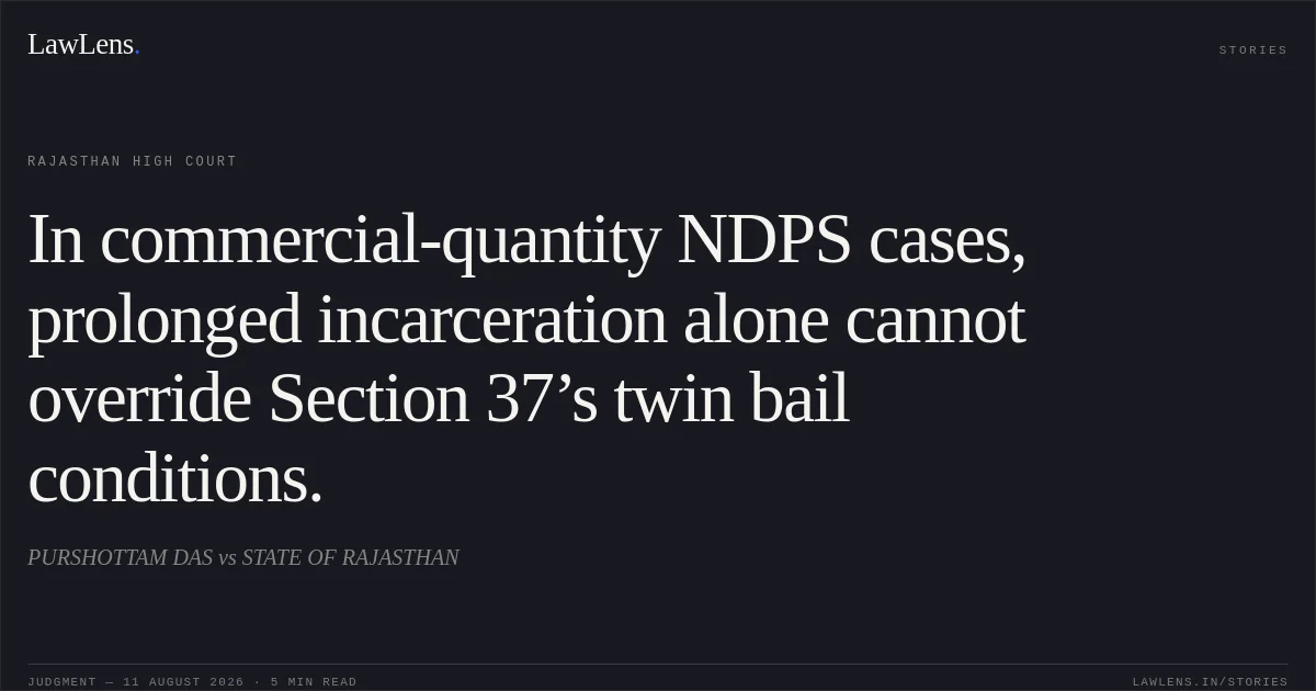 In commercial-quantity NDPS cases, prolonged incarceration alone cannot override Section 37’s twin bail conditions.. PURSHOTTAM DAS vs STATE OF RAJASTHAN. Rajasthan High Court. LawLens