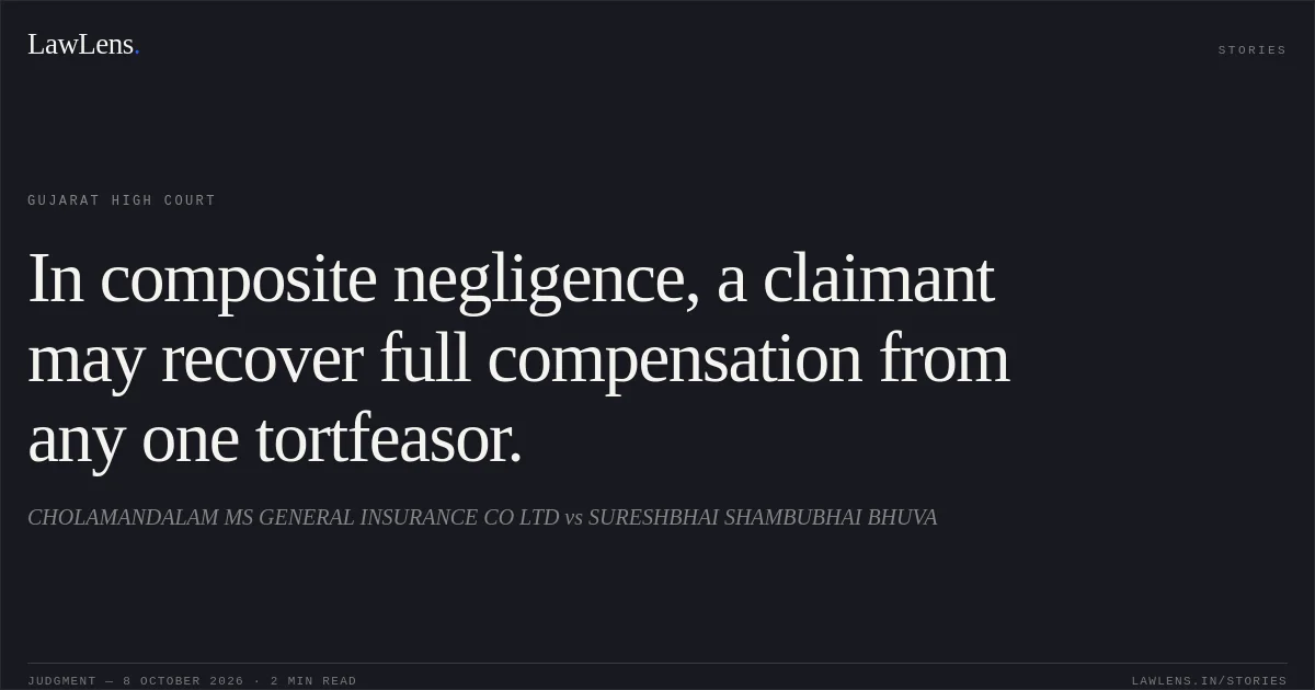 In composite negligence, a claimant may recover full compensation from any one tortfeasor.. CHOLAMANDALAM MS GENERAL INSURANCE CO LTD vs SURESHBHAI SHAMBUBHAI BHUVA. Gujarat High Court. LawLens