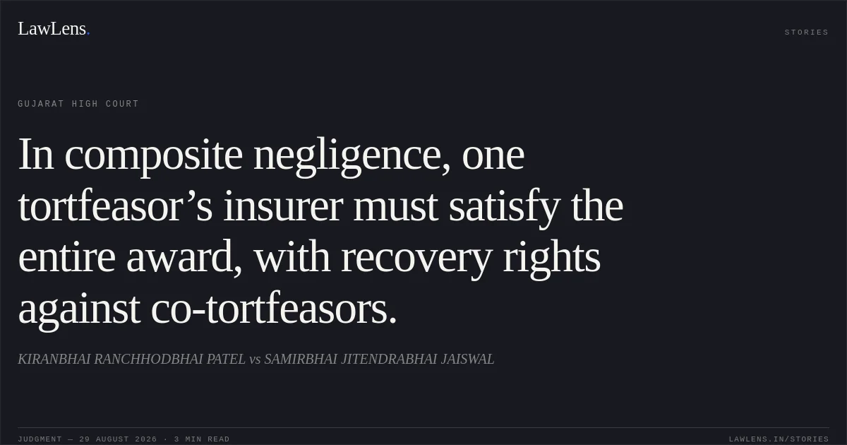 In composite negligence, one tortfeasor’s insurer must satisfy the entire award, with recovery rights against co-tortfeasors.. KIRANBHAI RANCHHODBHAI PATEL vs SAMIRBHAI JITENDRABHAI JAISWAL. Gujarat High Court. LawLens