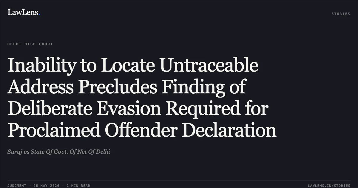 Inability to Locate Untraceable Address Precludes Finding of Deliberate Evasion Required for Proclaimed Offender Declaration. Suraj vs State Of Govt. Of Nct Of Delhi. Delhi High Court. LawLens