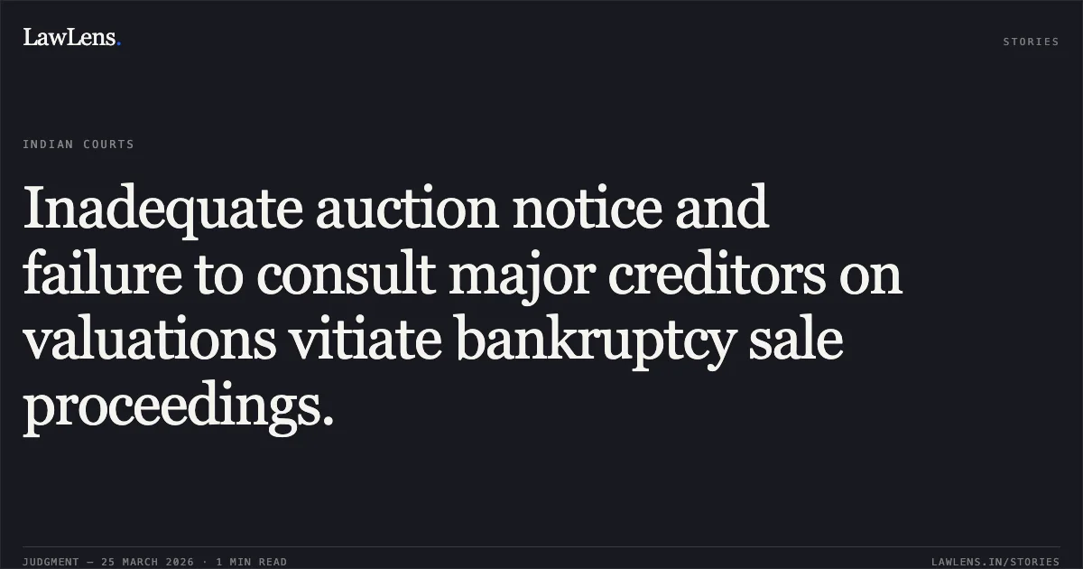 Inadequate auction notice and failure to consult major creditors on valuations vitiate bankruptcy sale proceedings.. Akshat Gupta Auction Purchaser vs Union Bank Of India & Ors.. National Company Law Appellate Tribunal. LawLens