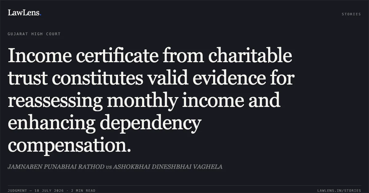 Income certificate from charitable trust constitutes valid evidence for reassessing monthly income and enhancing dependency compensation.. JAMNABEN PUNABHAI RATHOD vs ASHOKBHAI DINESHBHAI VAGHELA. Gujarat High Court. LawLens