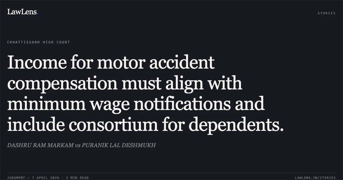 Income for motor accident compensation must align with minimum wage notifications and include consortium for dependents.. DASHRU RAM MARKAM vs PURANIK LAL DESHMUKH. Chhattisgarh High Court. LawLens