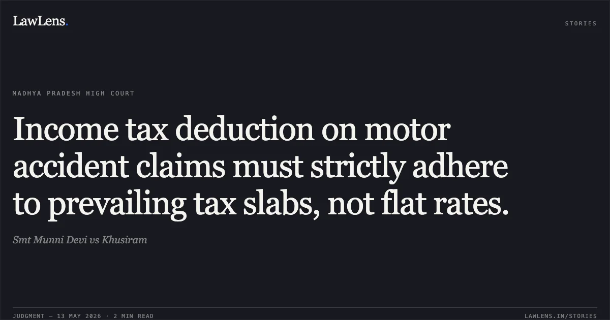 Income tax deduction on motor accident claims must strictly adhere to prevailing tax slabs, not flat rates.. Smt Munni Devi vs Khusiram. Madhya Pradesh High Court. LawLens