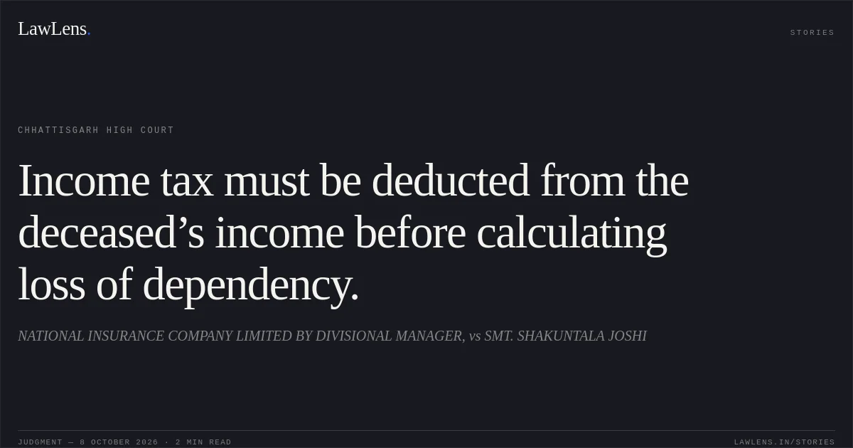 Income tax must be deducted from the deceased’s income before calculating loss of dependency.. NATIONAL INSURANCE COMPANY LIMITED BY DIVISIONAL MANAGER, vs SMT. SHAKUNTALA JOSHI. Chhattisgarh High Court. LawLens